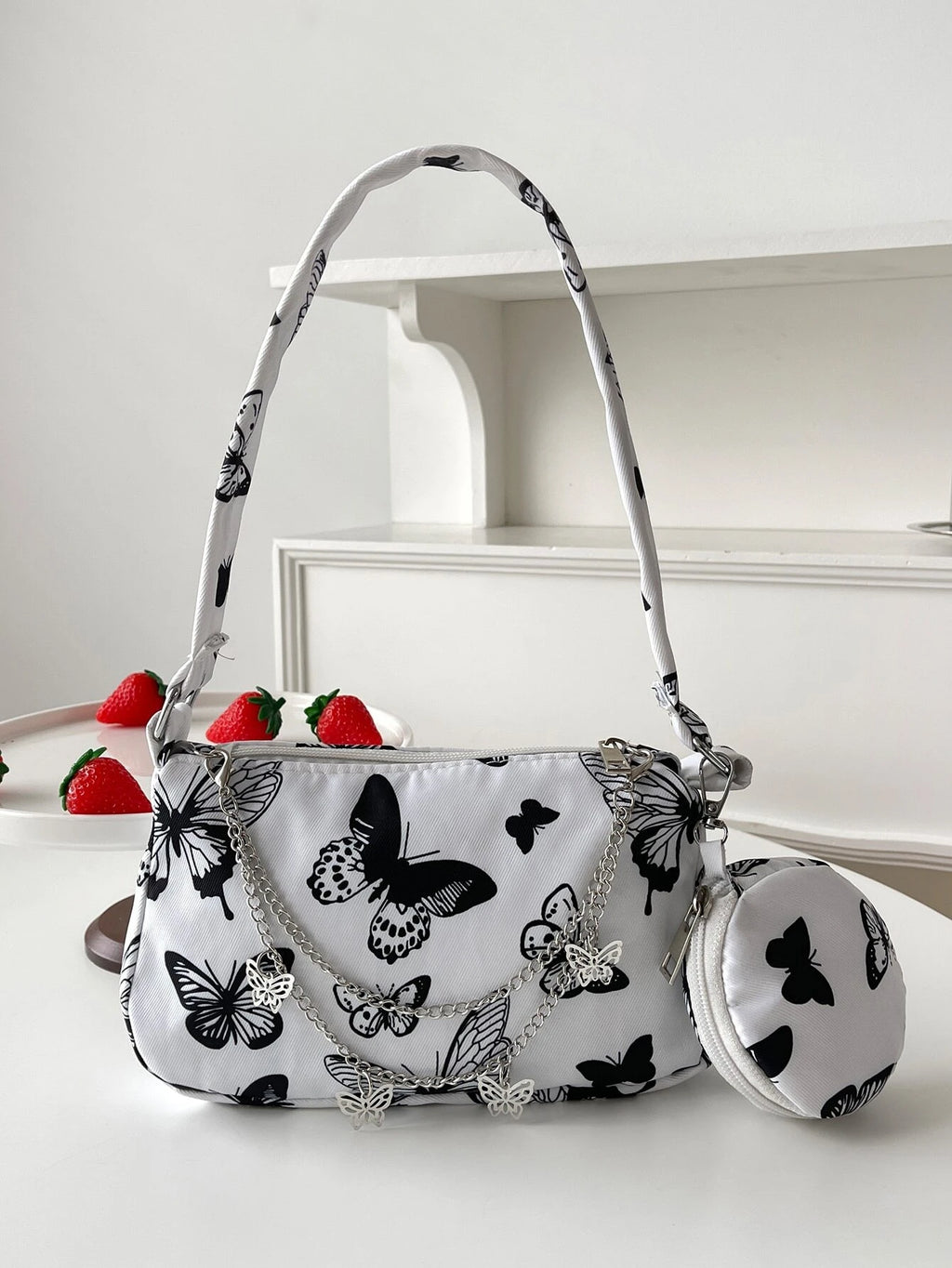 5831 1c-01-09 Bolsa cuadrada con estampado de mariposa con monedero