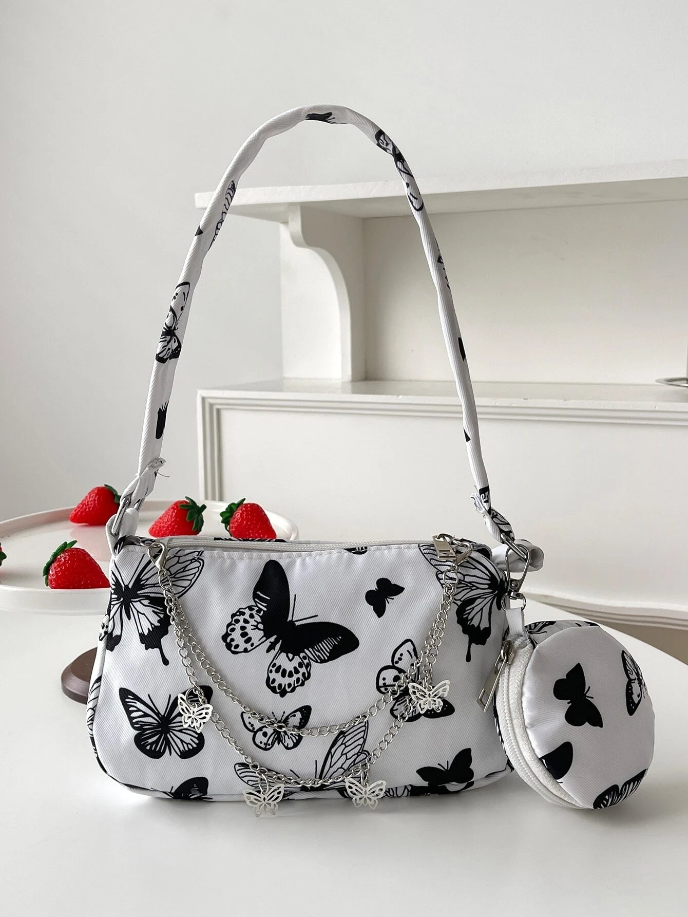 5831 1c-01-09 Bolsa cuadrada con estampado de mariposa con monedero