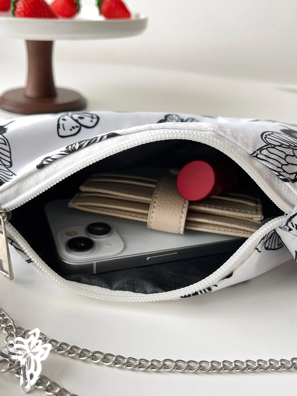 5831 1c-01-09 Bolsa cuadrada con estampado de mariposa con monedero