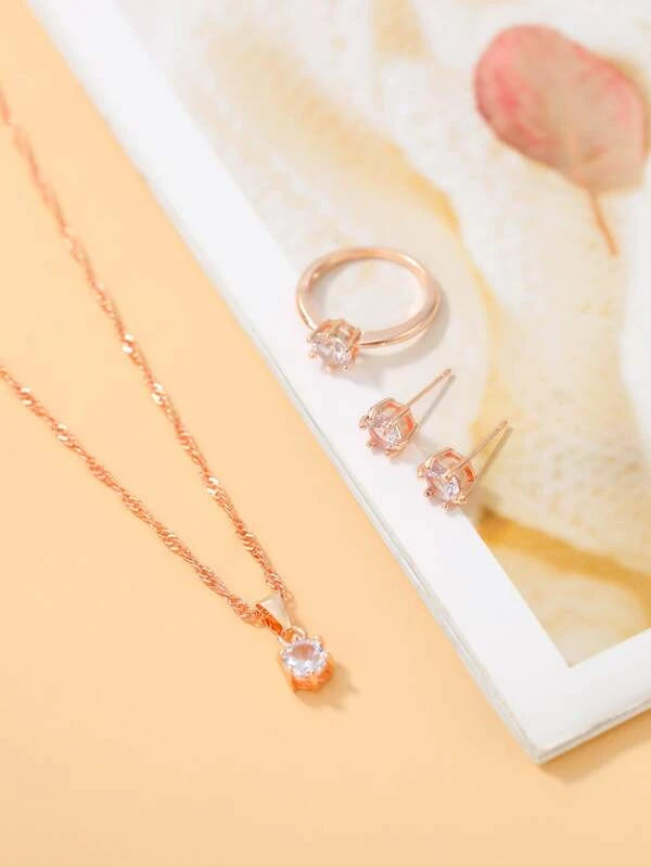 7347 b03-12 Cuatro piezas/set conjunto de joyería de decoración de diamantes de imitación circonita cúbica aretes collar anillo conjunto de cuatro piezas