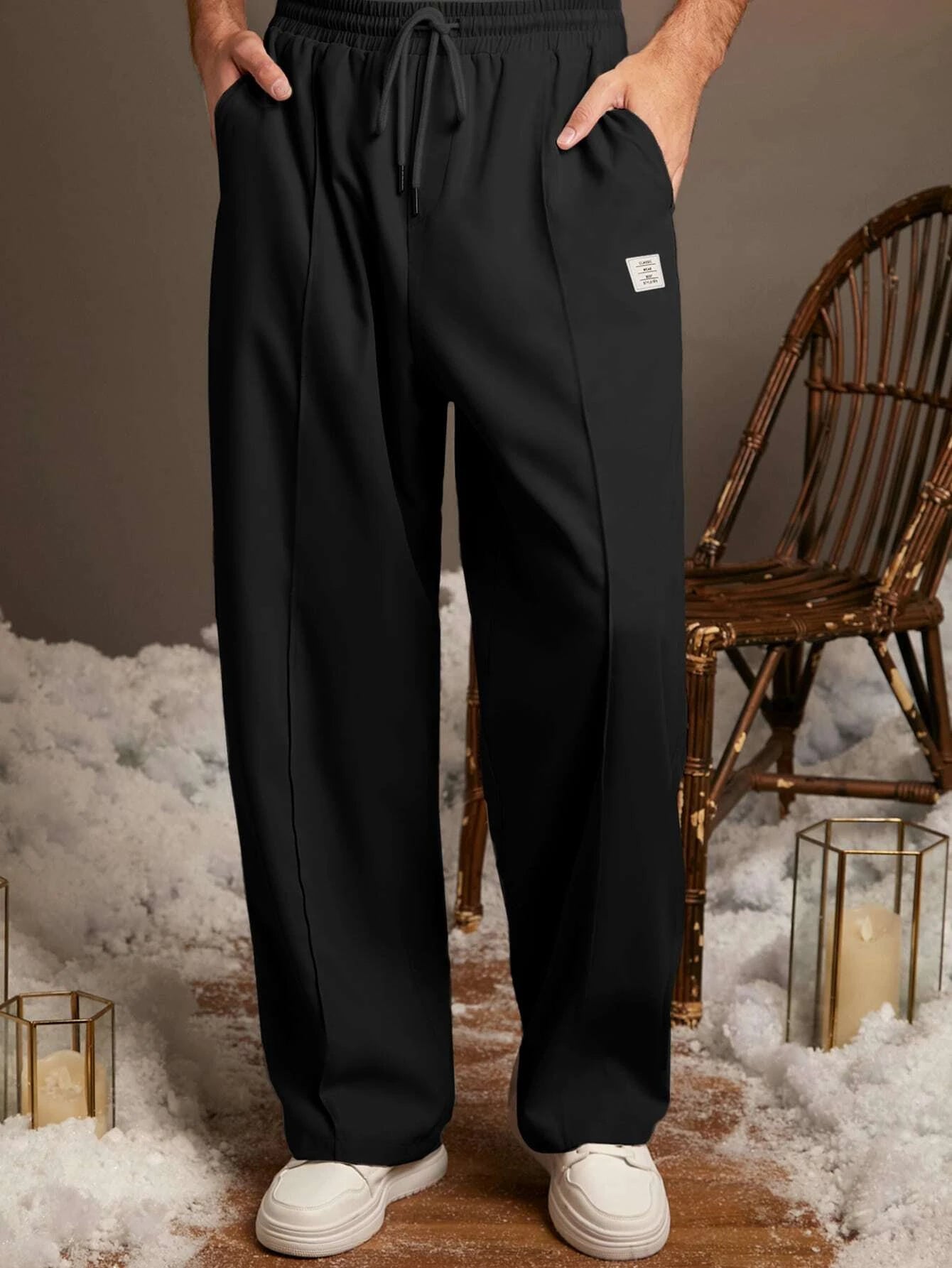 6683 1t-011 Pantalones con diseño de parche de letra de cintura con cordón