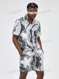 13875 1t-009 Conjunto de camisa con estampado de mármol y pantalones cortos con cintura ajustable con cordón