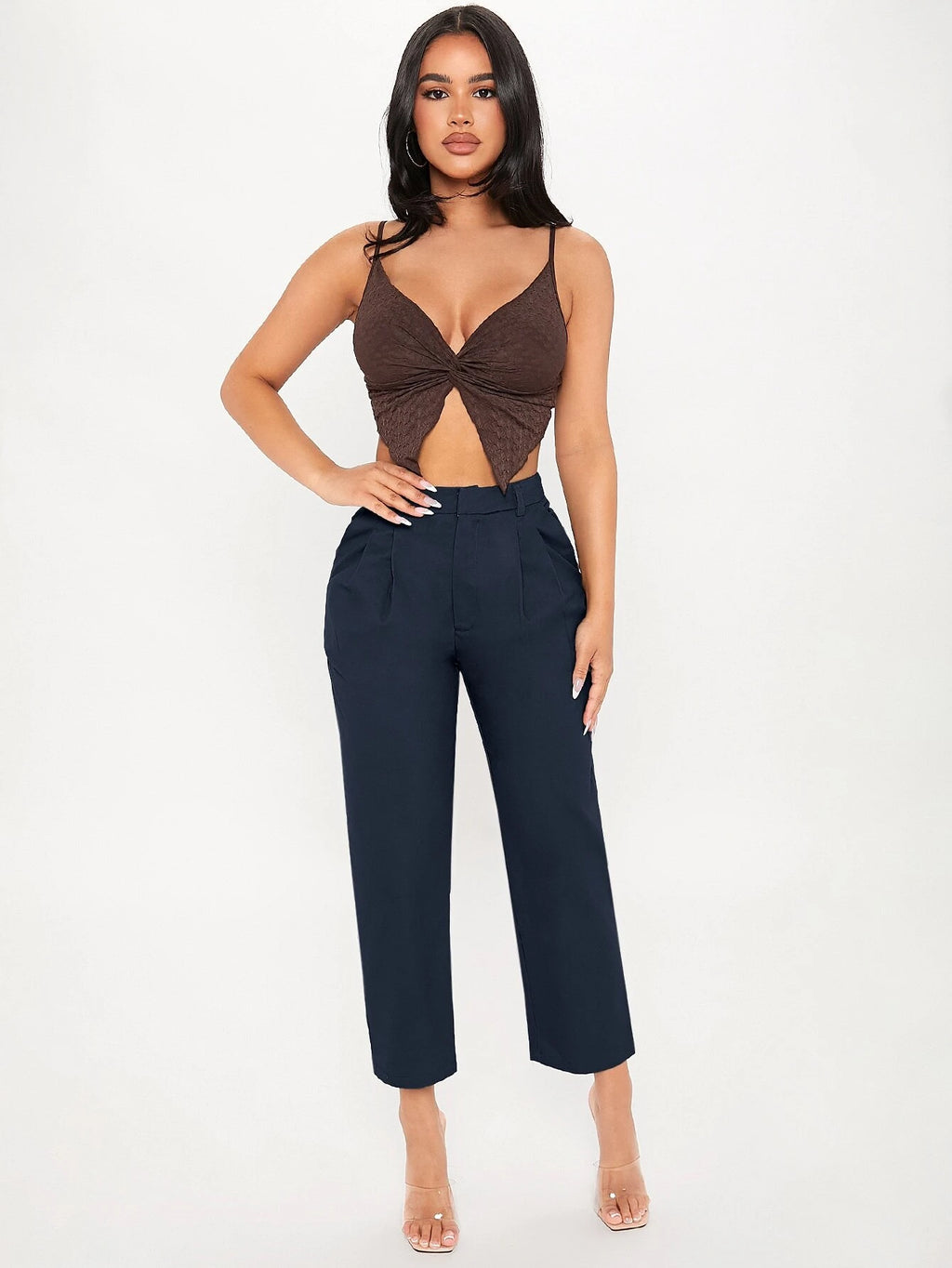 12189 1t-007 Pantalones unicolor con diseño de fruncido crop