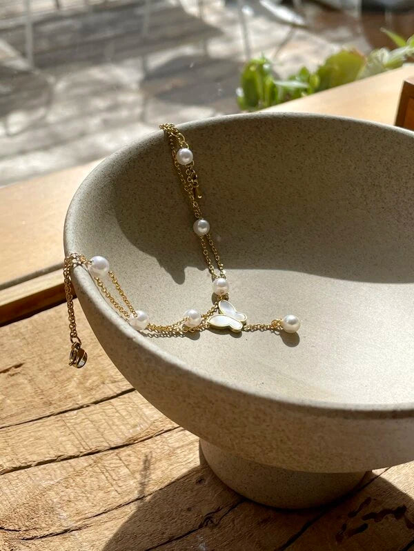 6595 1b-063 Pulsera tobillera moda con mariposa & con diseño de perla artificial para para decoración diaria