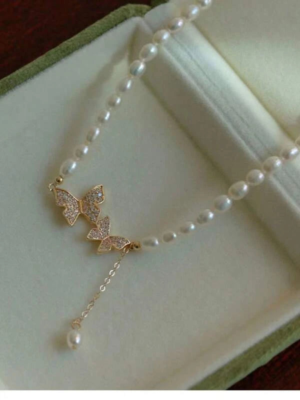 6034 Collar en Y con diamante de imitación con diseño de mariposa