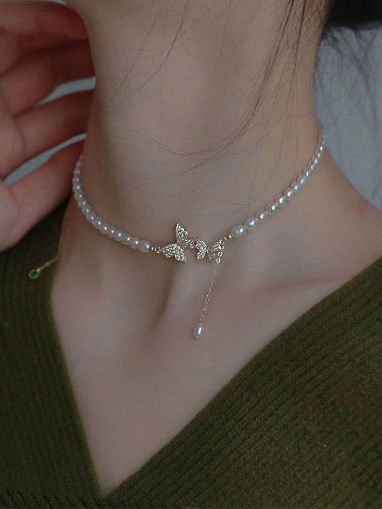 6034 Collar en Y con diamante de imitación con diseño de mariposa
