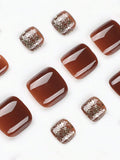 6070 1b-174 Kit 24 piezas de uñas postizas de brillo de lentejuelas marrones cuadradas