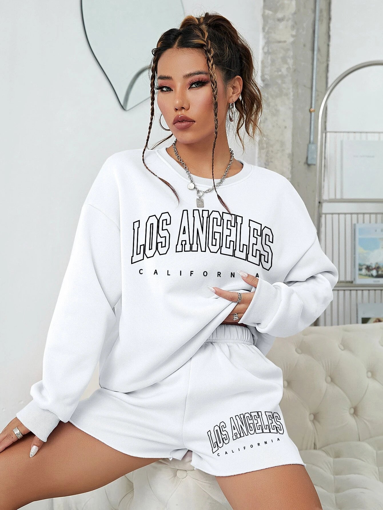6546 a01-02 Shorts con sudadera con estampado de letra de hombros caídos