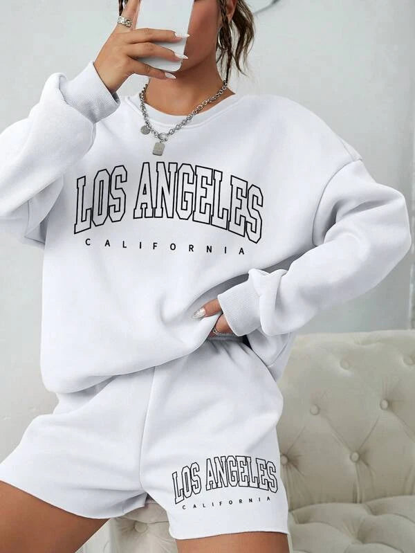 6546 a01-02 Shorts con sudadera con estampado de letra de hombros caídos