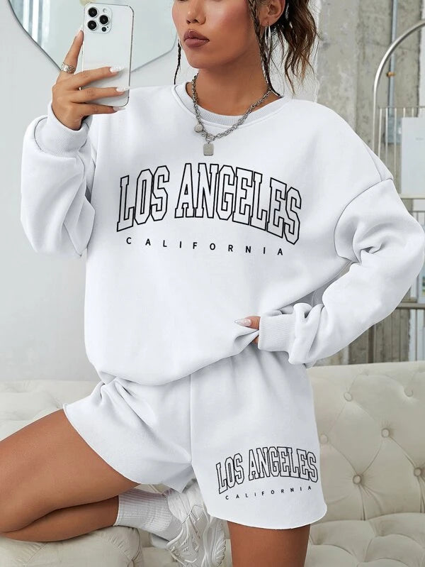 6546 a01-02 Shorts con sudadera con estampado de letra de hombros caídos