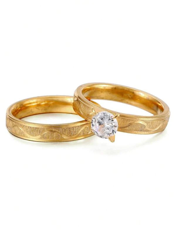 7481 b03-16 Set 2 piezas Anillo de acero inoxidable con diseño de diamante de imitación para pareja