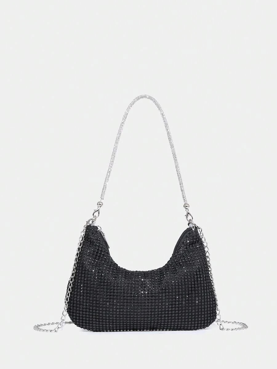 14807 1c-02-07 Bolsa Hobo Negra Glamurosa Con Brillo Luminoso