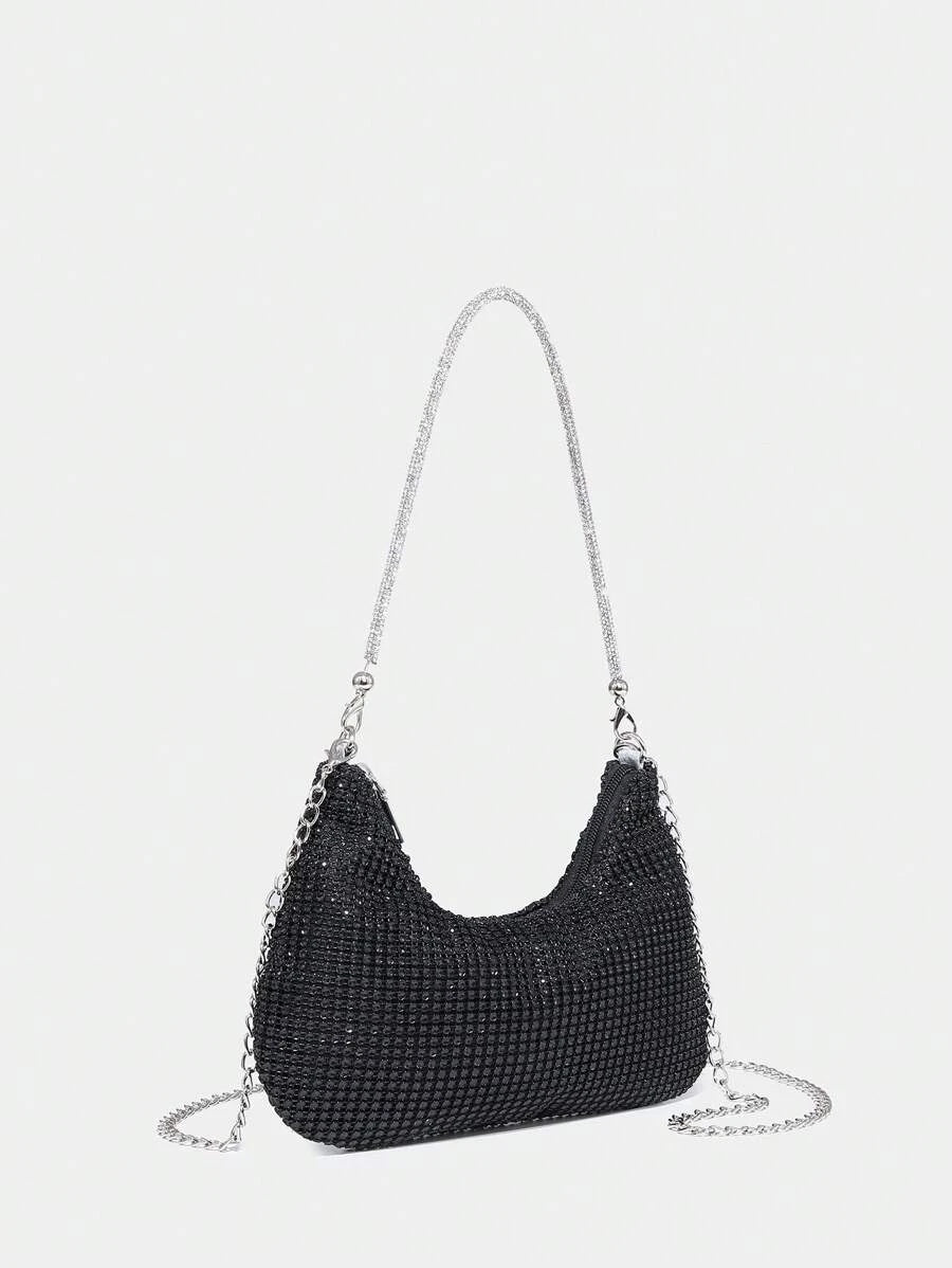 14807 1c-02-07 Bolsa Hobo Negra Glamurosa Con Brillo Luminoso