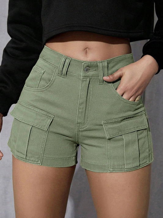 10362 1a-045 Shorts en mezclilla con bolsillo con solapa cargo