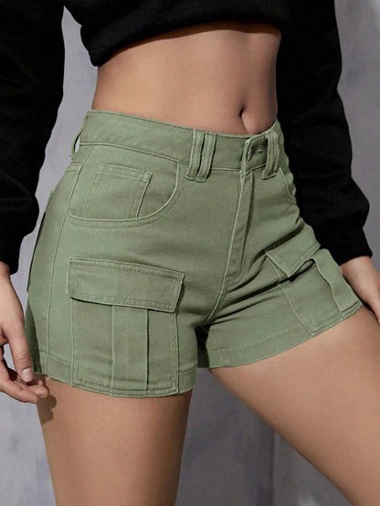 10362 1a-045 Shorts en mezclilla con bolsillo con solapa cargo