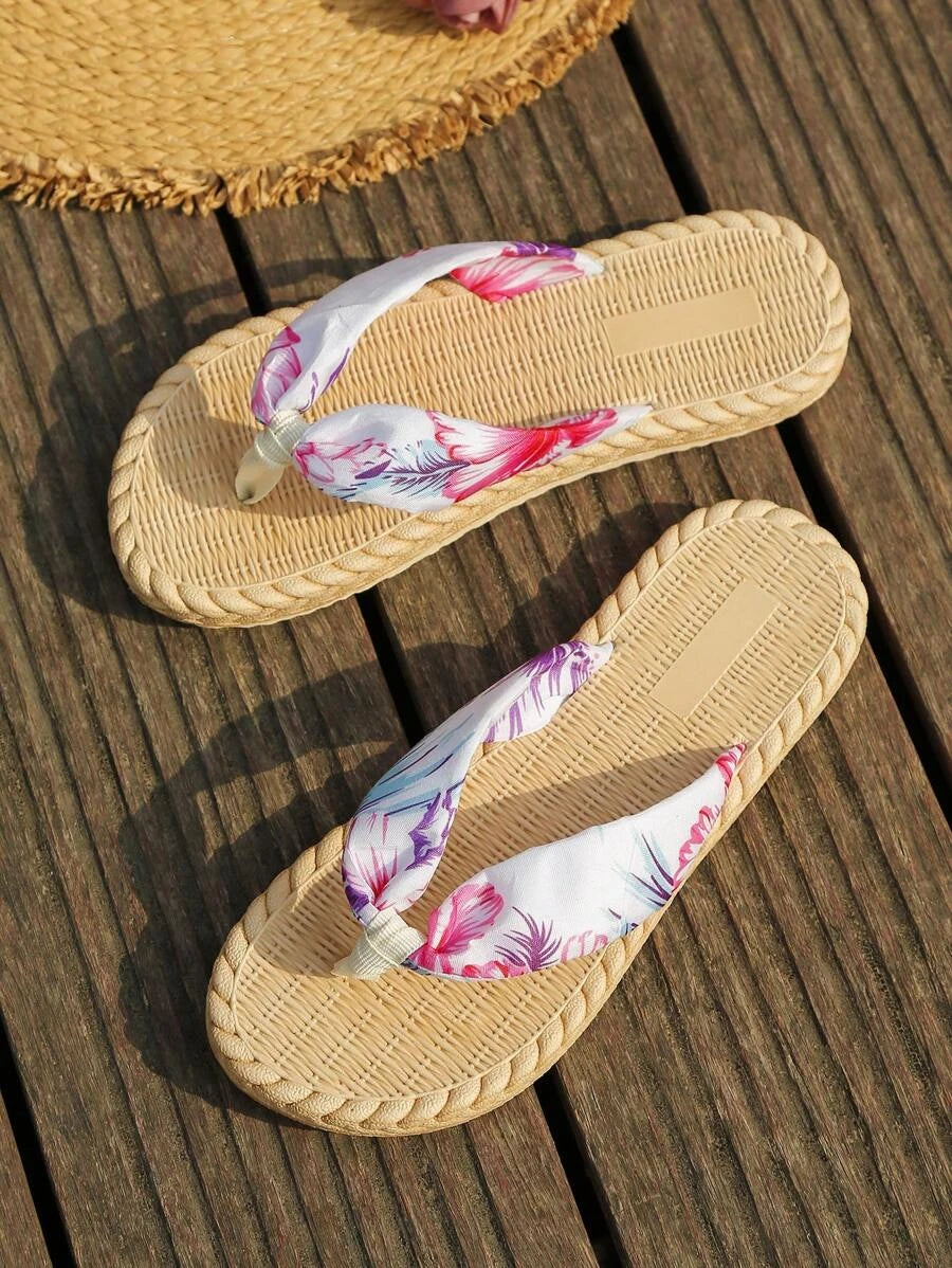 8235 b02-03 Sandalias anti deslizante con patrón floral vuelta vacación de tela para verano