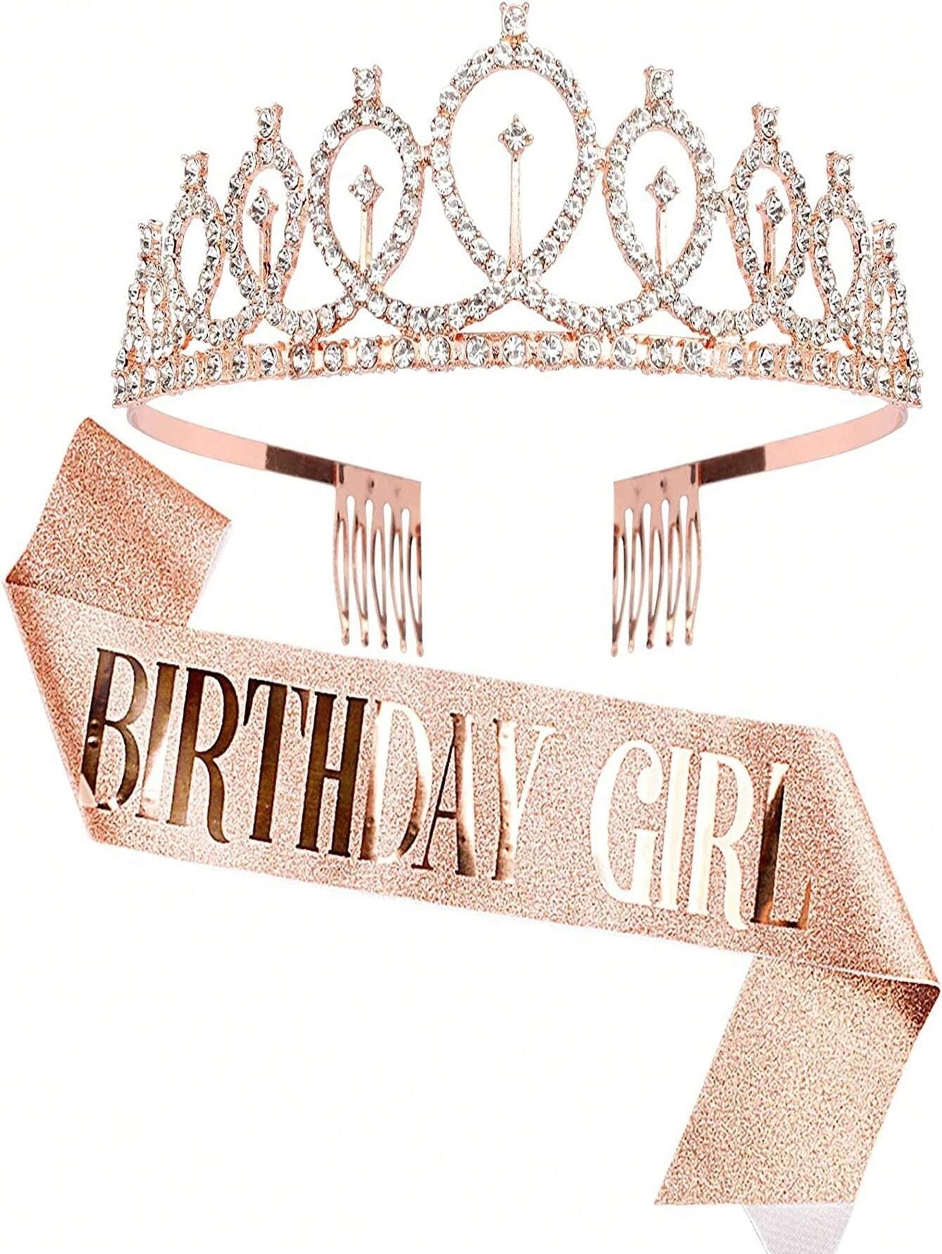 7657 a08-11 Dos piezas/set Tiara corona brillante cristal de diamantes de imitación Decoración de cumpleaños chica de satén Faja Suministros para la fiesta