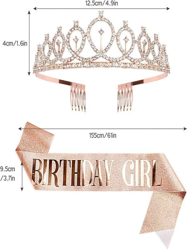 7657 a08-11 Dos piezas/set Tiara corona brillante cristal de diamantes de imitación Decoración de cumpleaños chica de satén Faja Suministros para la fiesta
