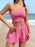 6337 a07-05 Qutie unicolor Top bandeau & con diseño de parche de letra Shorts