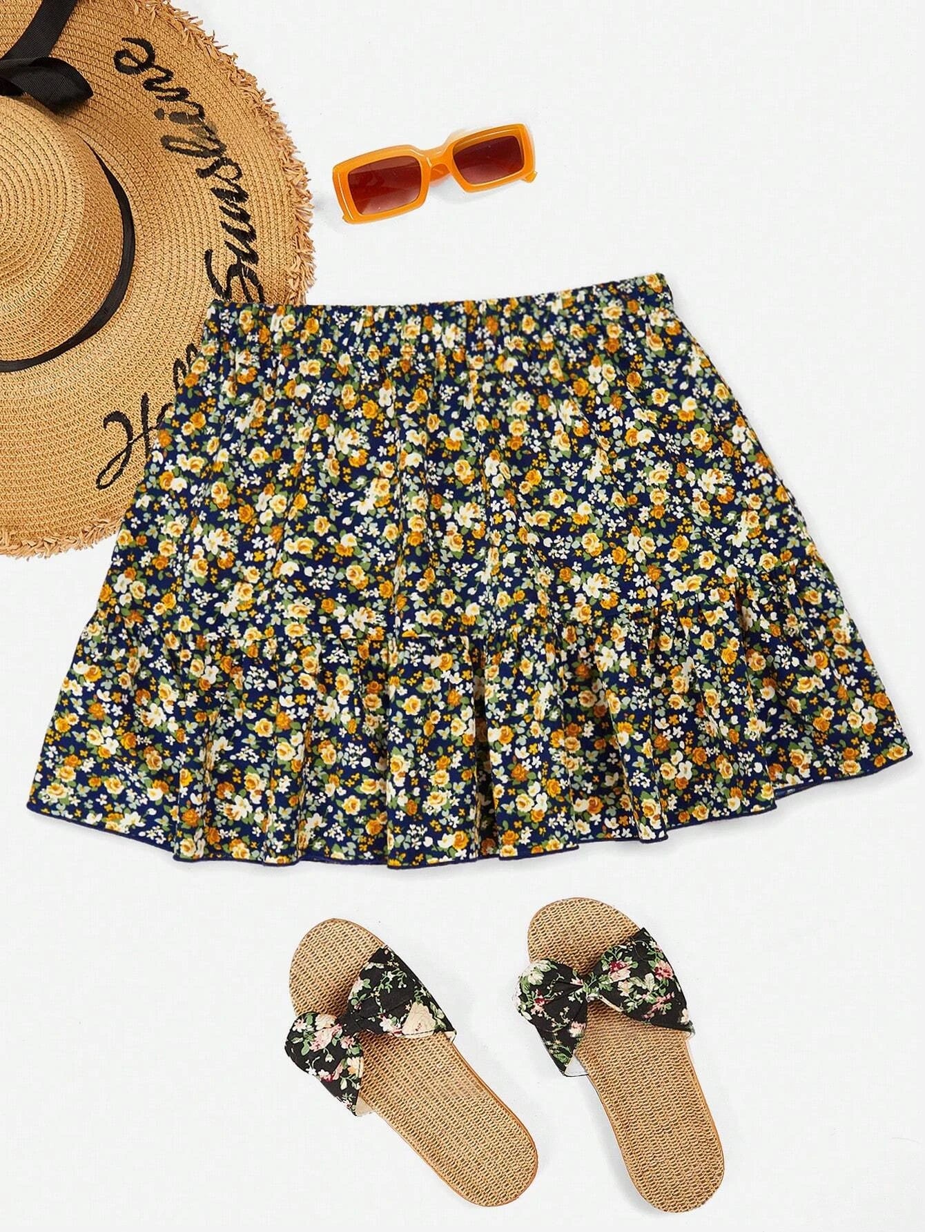 7509 a05-01 Falda con estampado floral bajo con fruncido