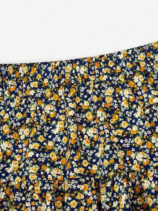 7509 a05-01 Falda con estampado floral bajo con fruncido