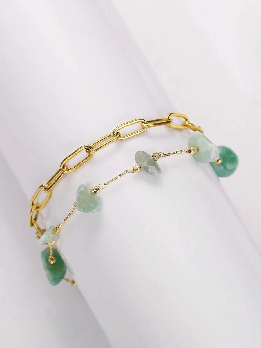 11417 1b-072 1 pieza Pulsera de acero inoxidable con piedra irregular verde de doble capa