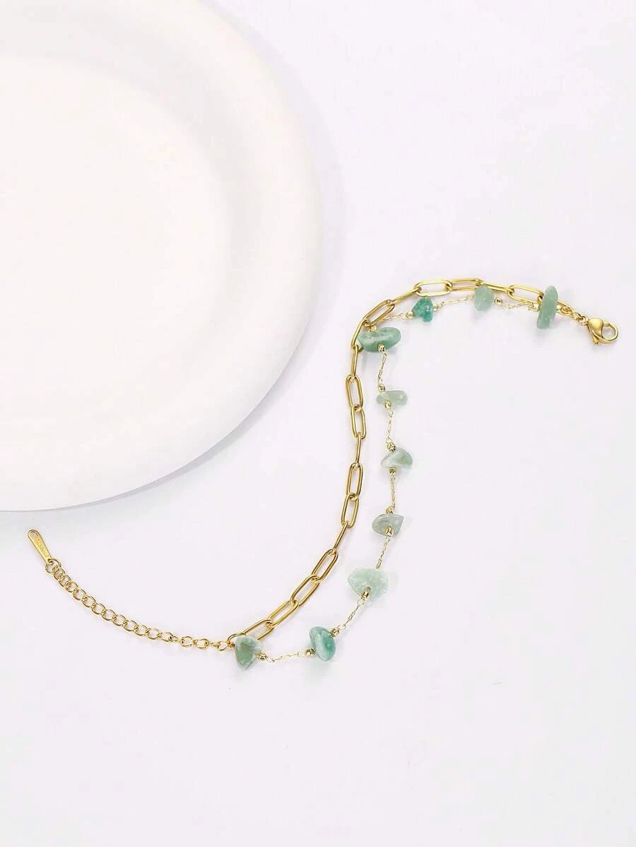 11417 1b-072 1 pieza Pulsera de acero inoxidable con piedra irregular verde de doble capa