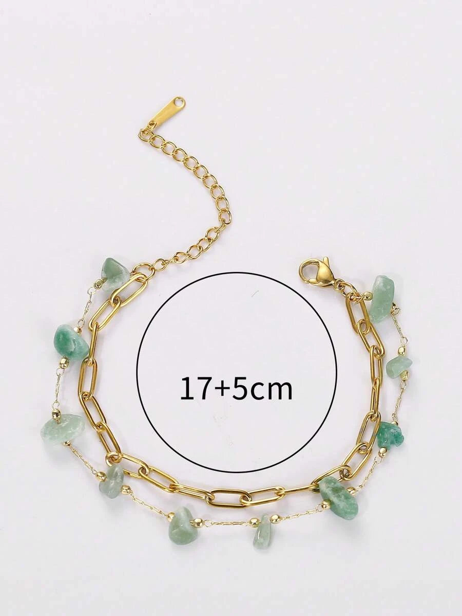 11417 1b-072 1 pieza Pulsera de acero inoxidable con piedra irregular verde de doble capa