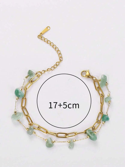 11417 1b-03-03 1 pieza Pulsera de acero inoxidable con piedra irregular verde de doble capa