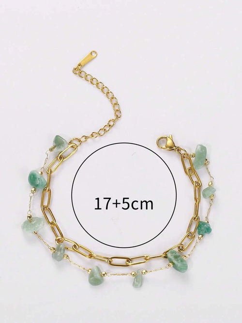 11417 1b-072 1 pieza Pulsera de acero inoxidable con piedra irregular verde de doble capa