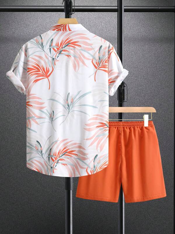 7080 a07-06 Camisa con estampado tropical  & Shorts de cintura con cordón