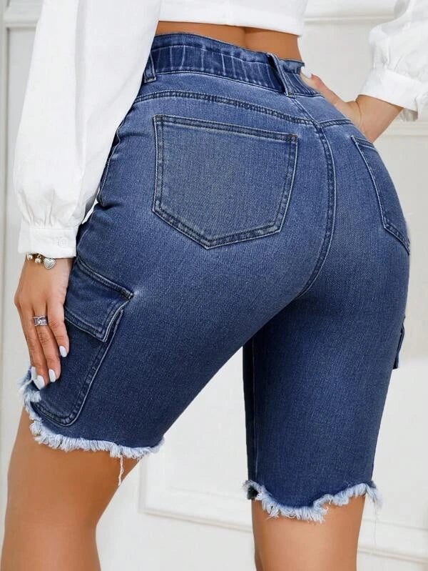 7009 1t-395 Shorts mezclilla desgarro bajo crudo de talle alto