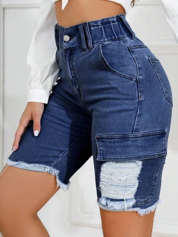 7009 1t-395 Shorts mezclilla desgarro bajo crudo de talle alto