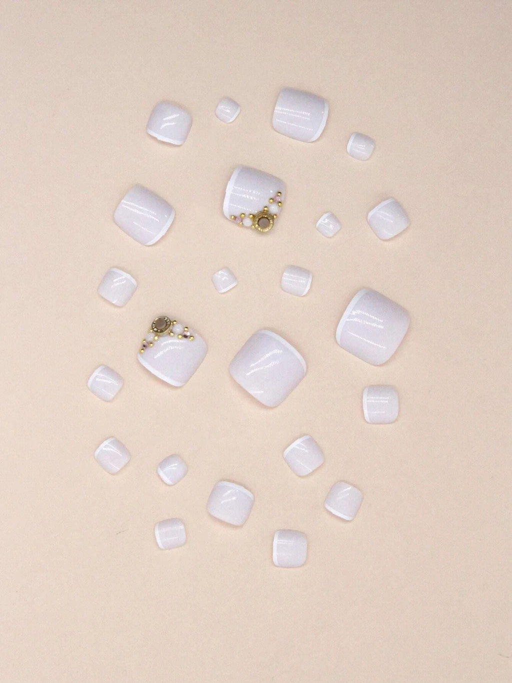 5481 1b-05-14Set 24 piezas de uñas postizas de estilo de diamantes de imitación franceses blancos cuadrados cortos y 1 lima de uñas de los pies y 1 hoja de cinta