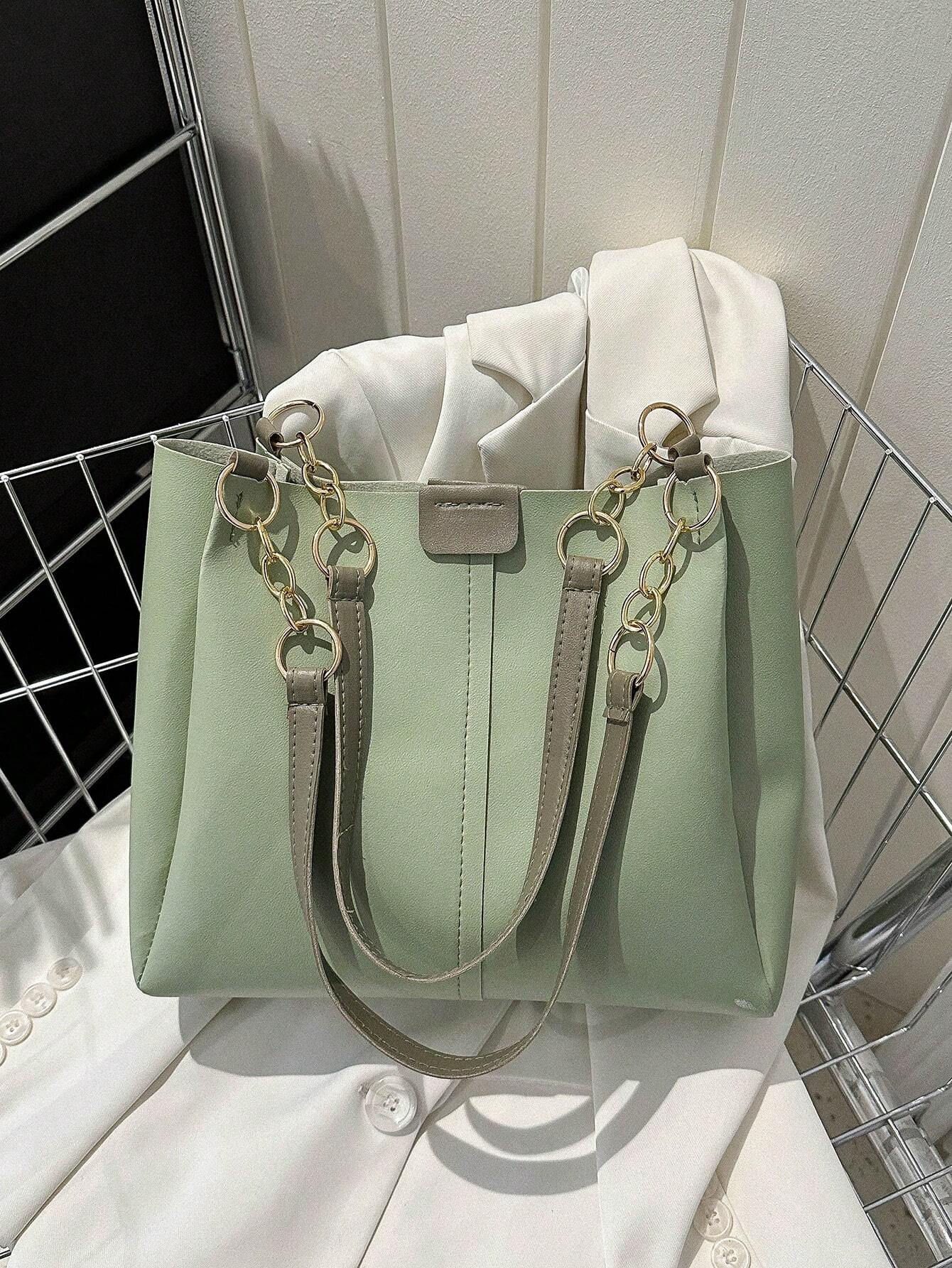 8464 1c-018 Bolso Tote de hombro PU con diseño de parche doble asa