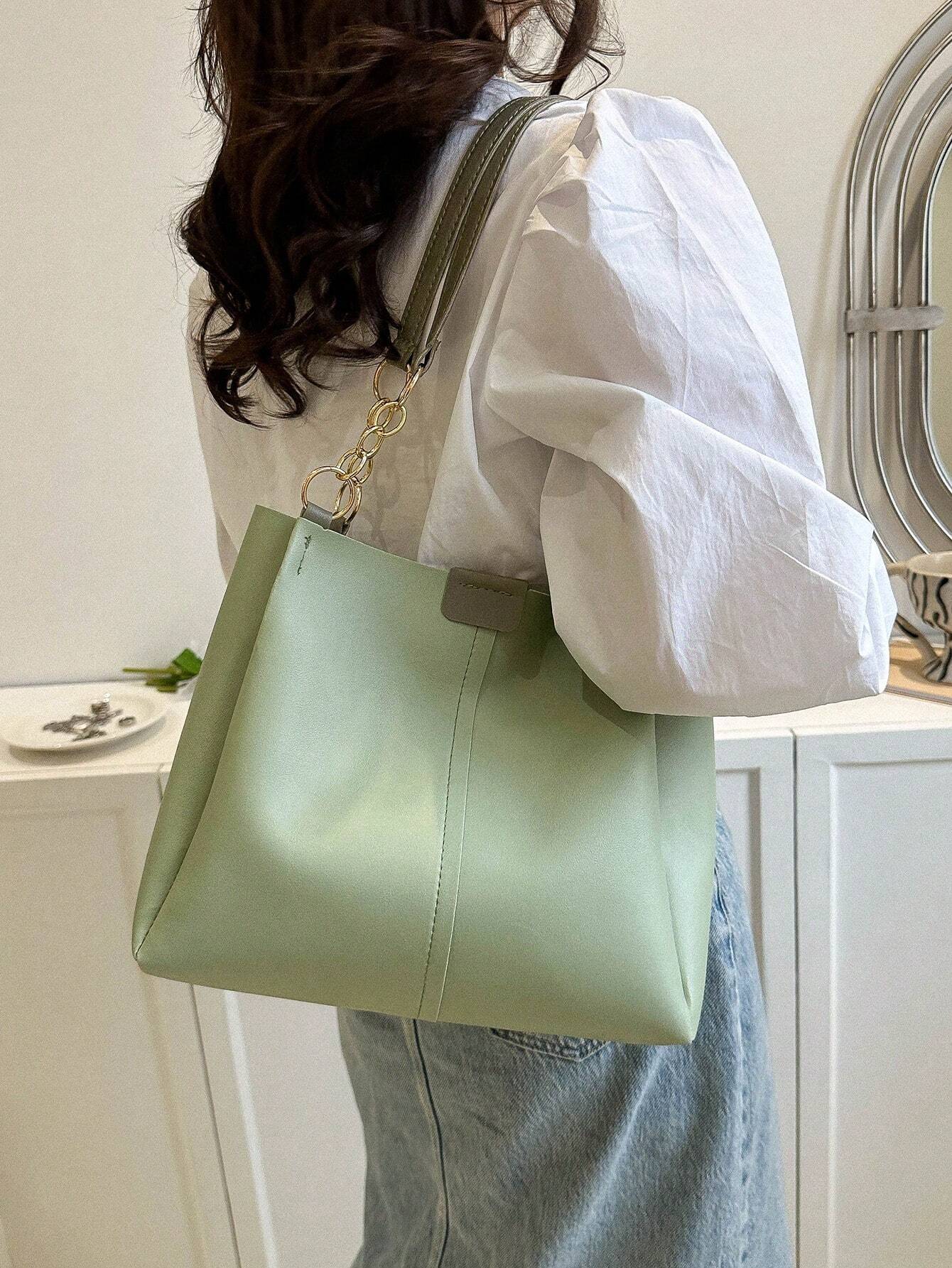 8464 1c-018 Bolso Tote de hombro PU con diseño de parche doble asa
