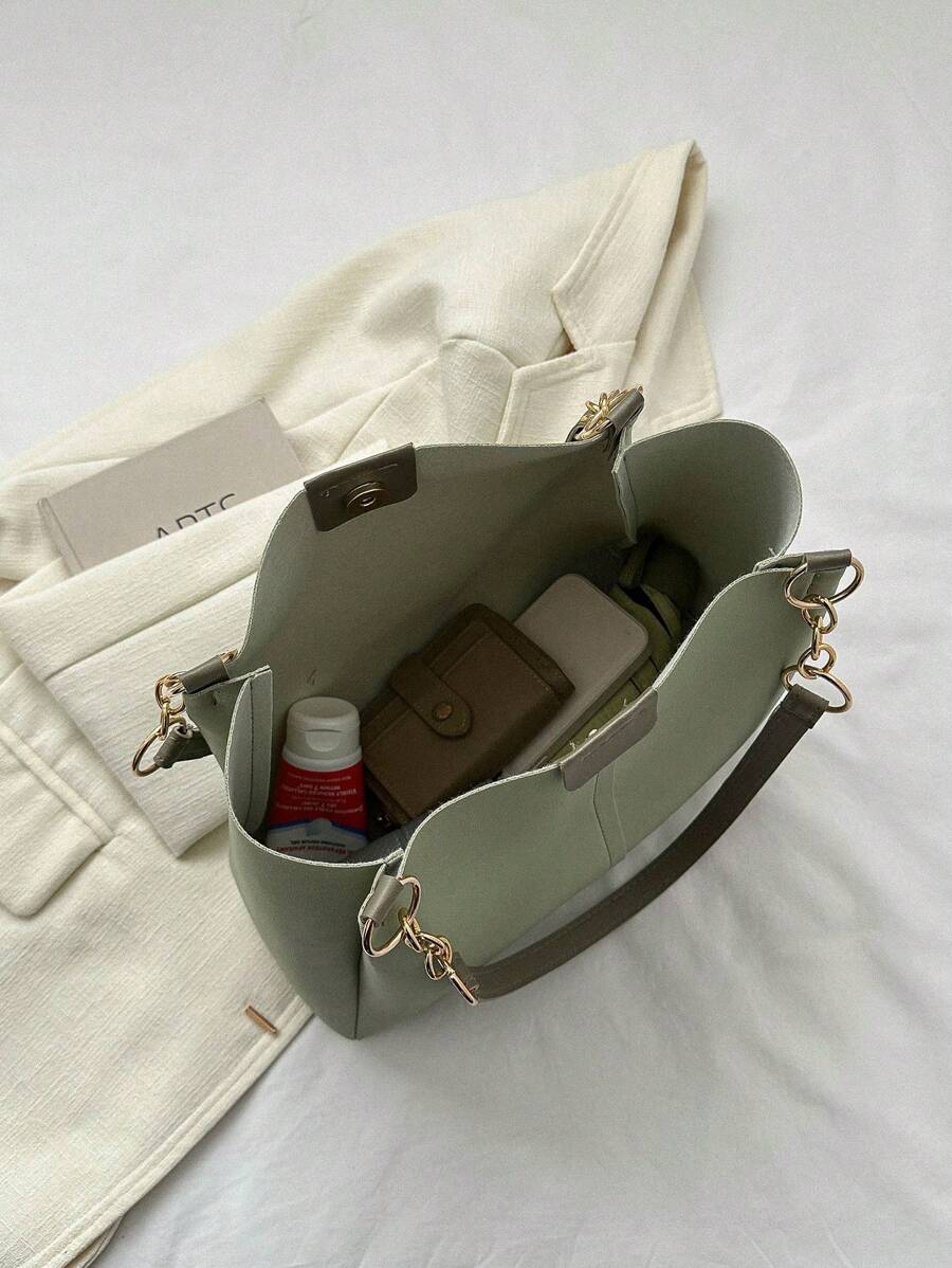 8464 1c-018 Bolso Tote de hombro PU con diseño de parche doble asa