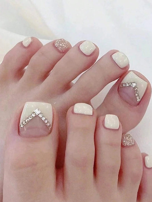 5482 1b-035 Set 24 uñas postizas de diamantes de imitación con purpurina blanca cuadrada corta y 1 lima para uñas de los pies y 1 hoja de cinta