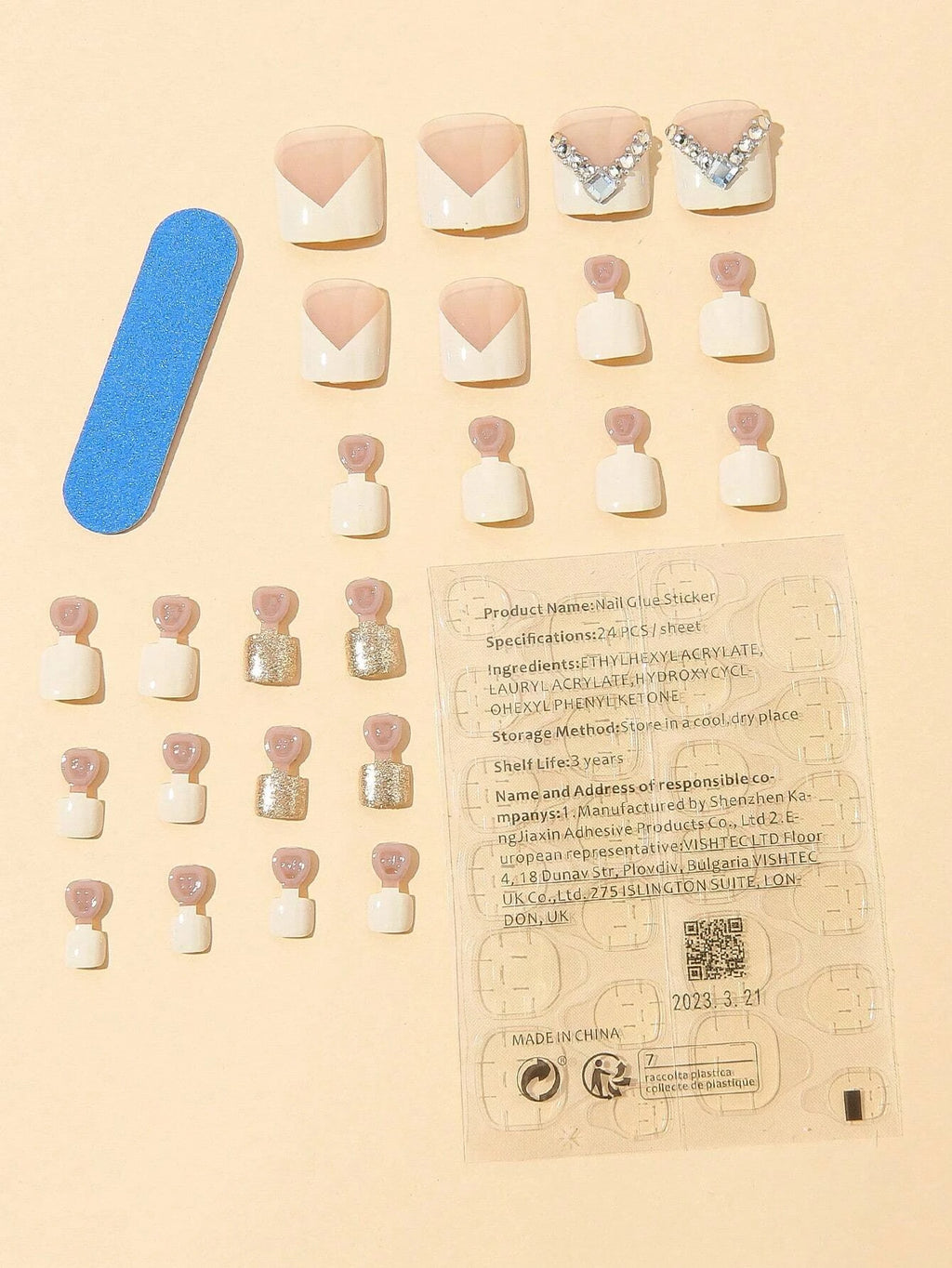 5482 1b-035 Set 24 uñas postizas de diamantes de imitación con purpurina blanca cuadrada corta y 1 lima para uñas de los pies y 1 hoja de cinta