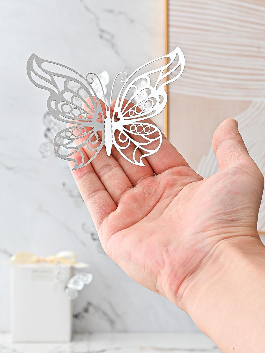 8133 a13-03 Doce piezas hueco 3d holográfico plata con mariposa creativo papel decorativo Pegatina para casa adorno