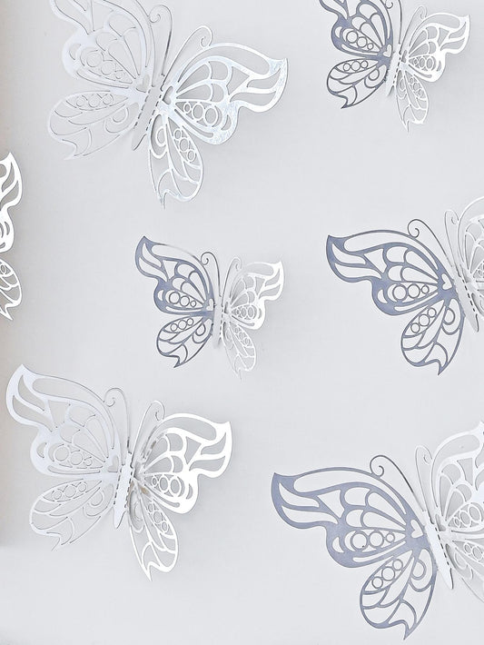 8133 a13-03 Doce piezas hueco 3d holográfico plata con mariposa creativo papel decorativo Pegatina para casa adorno