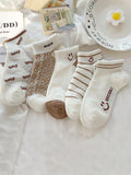 5984 a02-08 5 pares Calcetines tobilleros con estampado de dibujos animados y letra