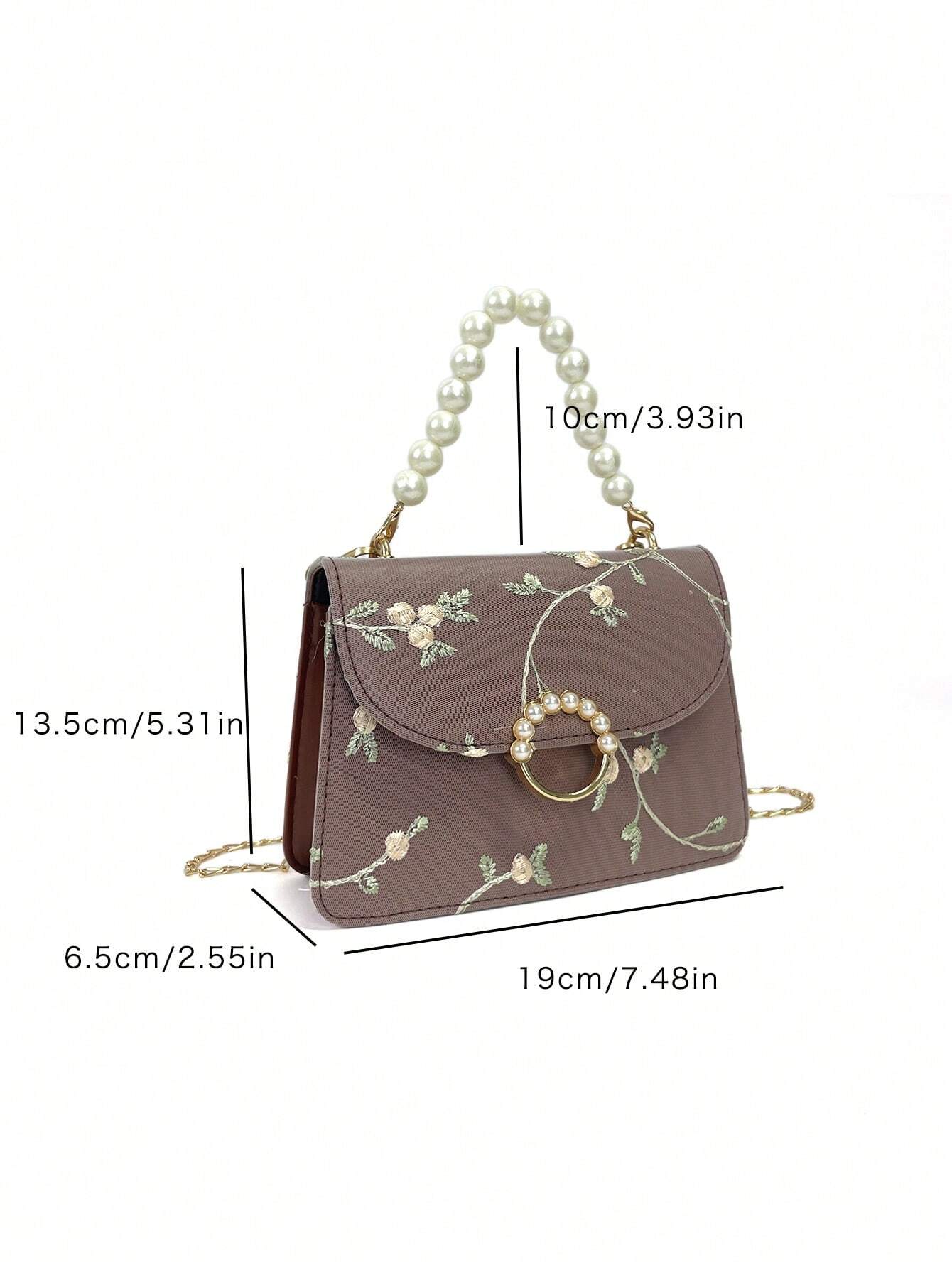 8465 1c-018 Bolsa mini con diseño de perla artificial de moda y bordado de flor