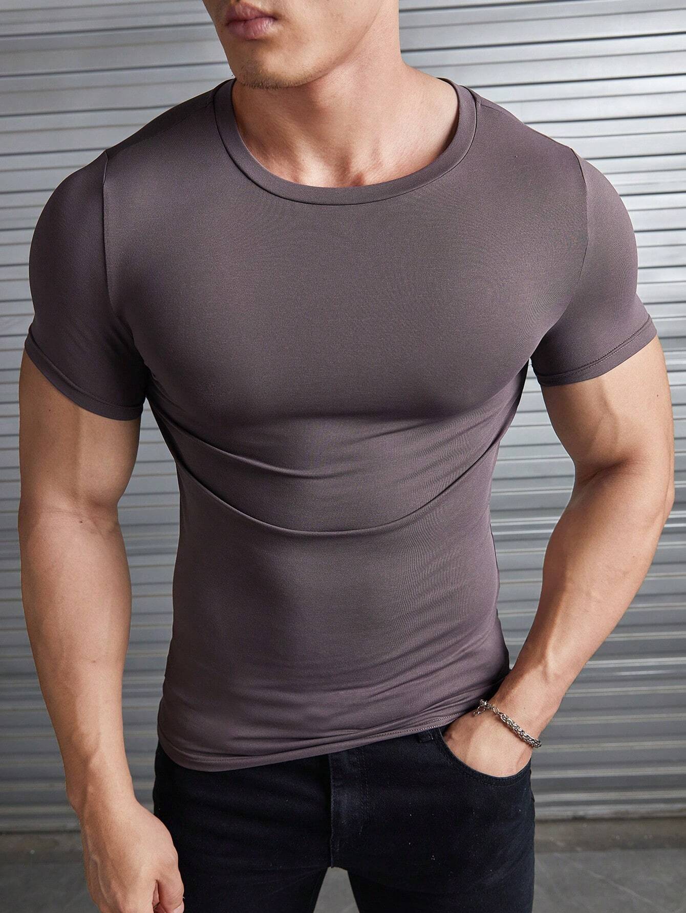 6988 a01-07 Camiseta unicolor de cuello redondo para hombres