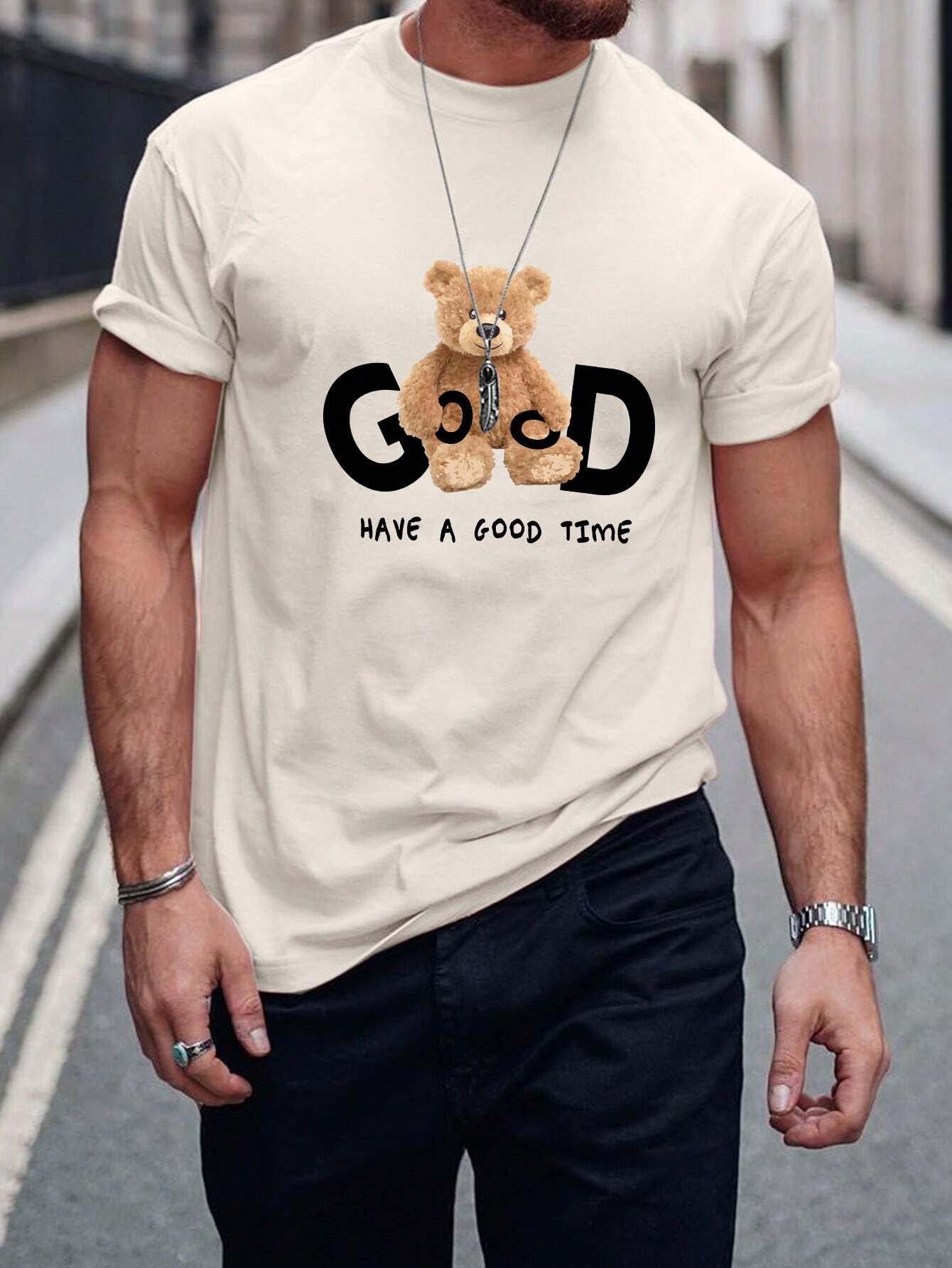 7790 2a-02-13 Camiseta con estampado de oso y slogan