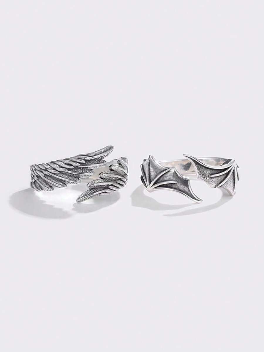 9364 10-19 Dos piezas/set Anillo abierto de moda con diseño de ala 3D para pareja