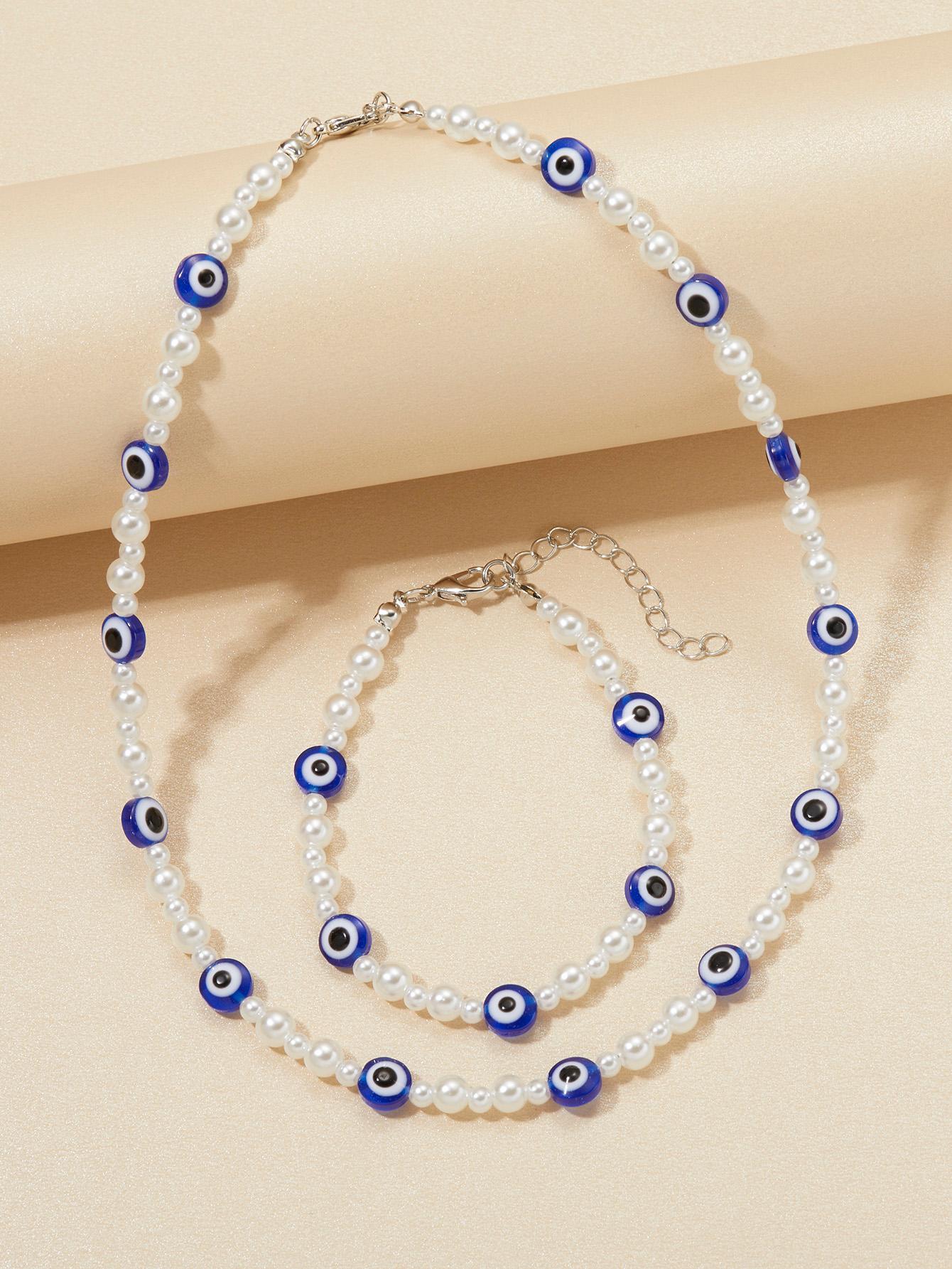 10032 b03-07 Collar con diseño de ojo con cuenta con perla artificial con pulsera