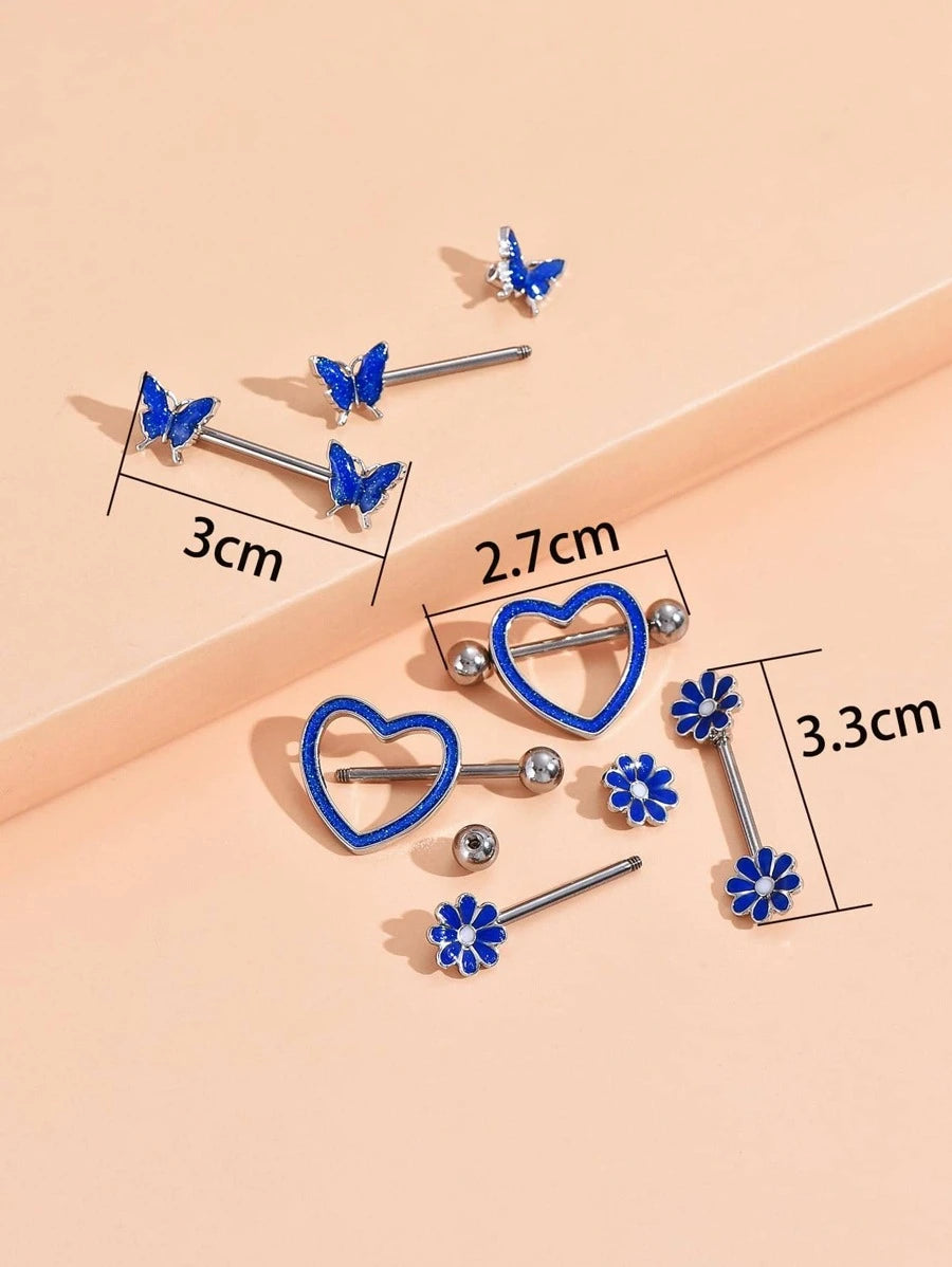 9988 1b-031 Seis piezas Anillo de pezón con mariposa y con diseño de flor