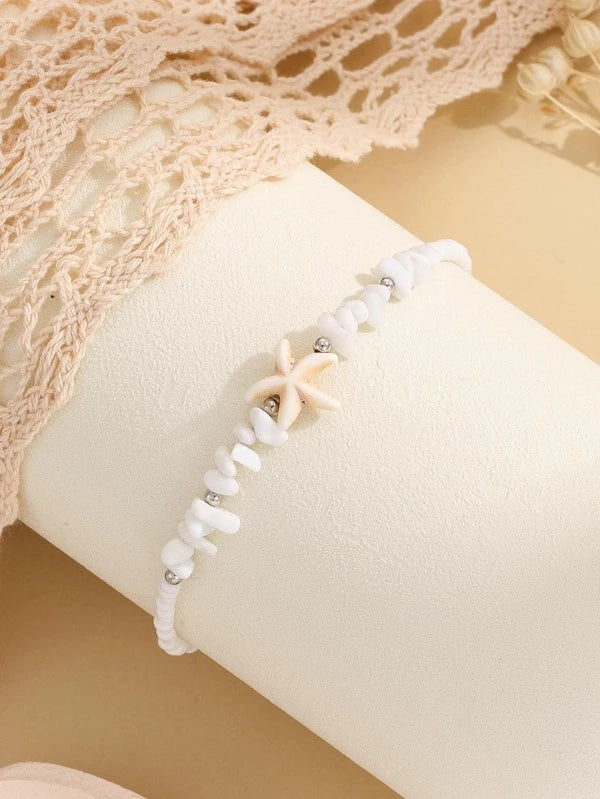 6597 1b-063 Pulsera tobillera vacación con diseño de estrella de mar blanco con cuenta con piedra para mujeres para playa de viaje
