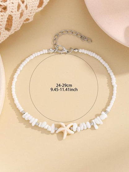 6597 1b-05-02 Pulsera tobillera vacación con diseño de estrella de mar blanco con cuenta con piedra para mujeres para playa de viaje